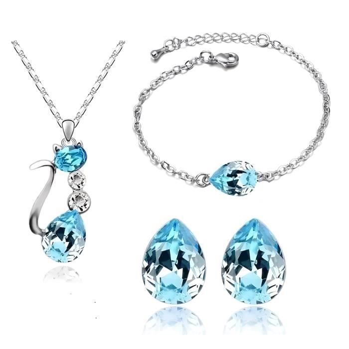 Parure Bijoux Chat Goutte Bracelet Cristal Swarovski Turquoise Plaque Or Blanc 750 Turquoise Achat Vente Parure Parure Bijoux 4 Pieces Chat Plaque Or