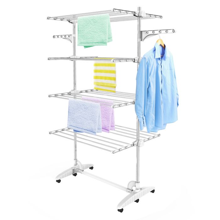Etendoir &agrave; Linge Etendage &agrave; Linge 4 &eacute;tag&egrave;res Blanc avec ailes Mat&eacute;riau: Tubes en acier inoxydable