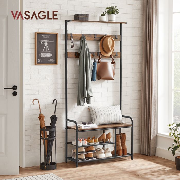VASAGLE Porte-Manteau Vestiaire Industriel avec Banc à Chaussures 9 Crochets Amovibles 85 x 30 x 180 5 cm HSR409B01