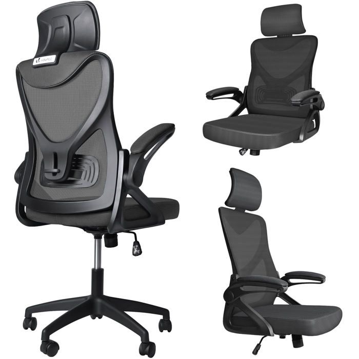 VOUNOT® Fauteuil de bureau ergonomique pivotant avec appuie-tête - Hauteur et dossier réglables - Toile respirant - Noir