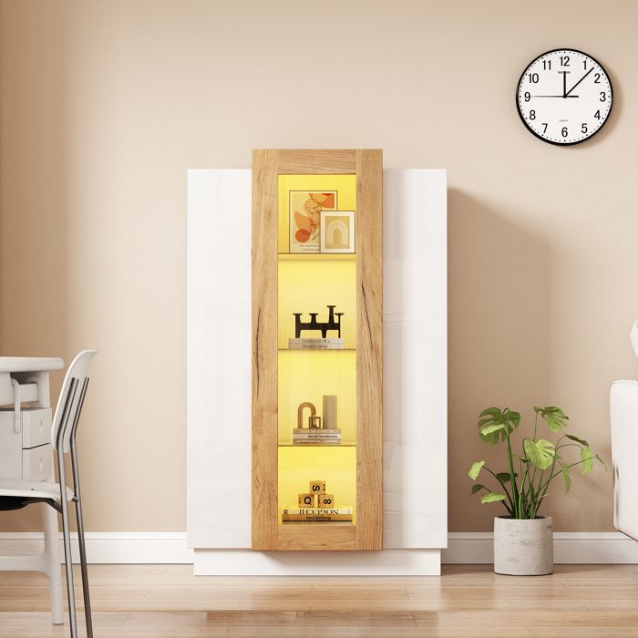 Sapgaks Vitrine Verticale Éclairée LED - Meuble Rangement Verre 55x38x166cm Blanc Brillant