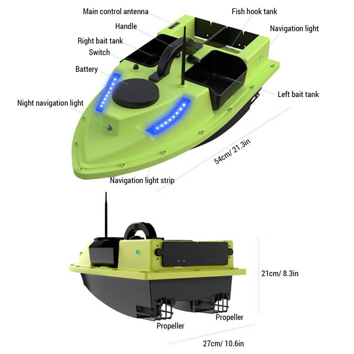 Bateau Appât Télécommandé 500m – 2kg De Charge – 90min D’Autonomie – Détecteur De Poisson – LED