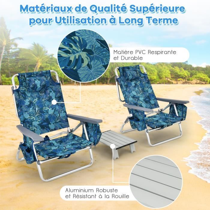 Ensemble 2 Chaises Pliantes + Table D'appoint Bleu - Cadre Aluminium, Dossier 5 Positions, Pour Plage, Jardin, Camping - 9