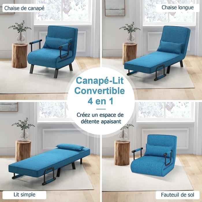 Fauteuil Relax Inclinable/Convertible GIANTEX - Dossier Réglable à 6  Niveaux - Fauteuil-Lit 1 Place - Tissu Bleu - Cdiscount Maison
