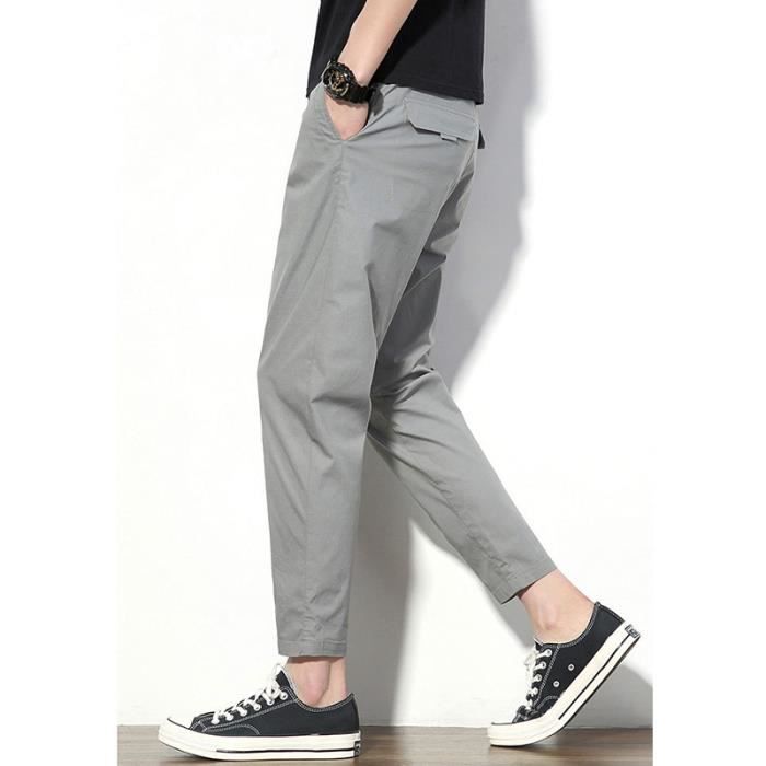 Pantalon 7 8 Homme Slim Taille Elastiquee Cordon Couleur Unie