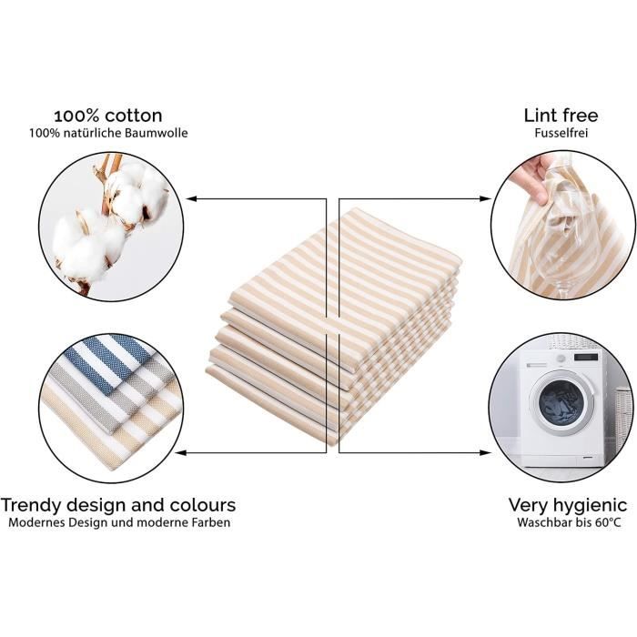 ZOLLNER Set De 5 Torchons De Cuisine 50x70 Cm Coton Noir Blanc Rayé 215g/m² - Absorbants Et Durables