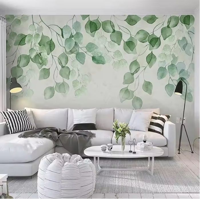 Papier Peint Panoramique 3D moderne feuille verte aquarelle peinte à la ...