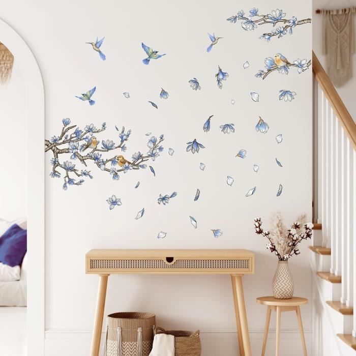 Sticker Mural Branche Fleurs Bleu Aquarelle - Déco Adhésive 130x73cm Pour Chambre