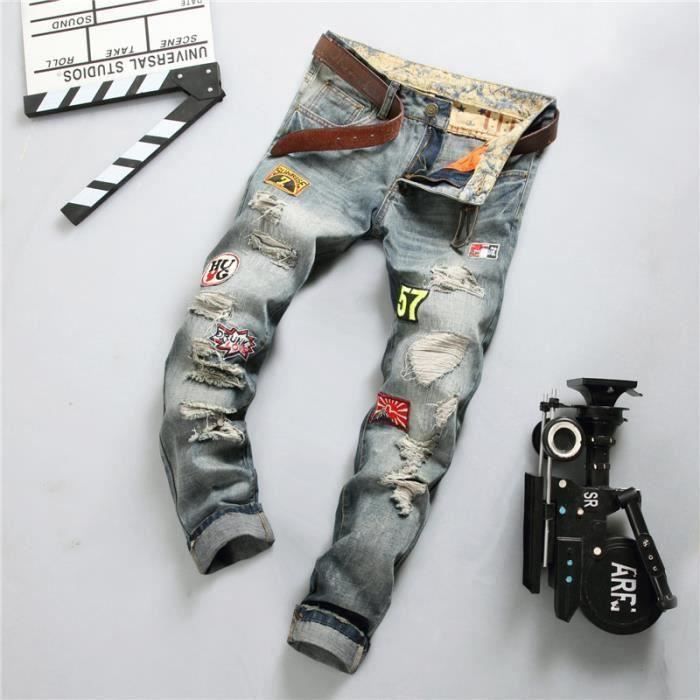 FUNMOOON Jean Trou Homme Jean Coupe Droite D lav Mode Bleu