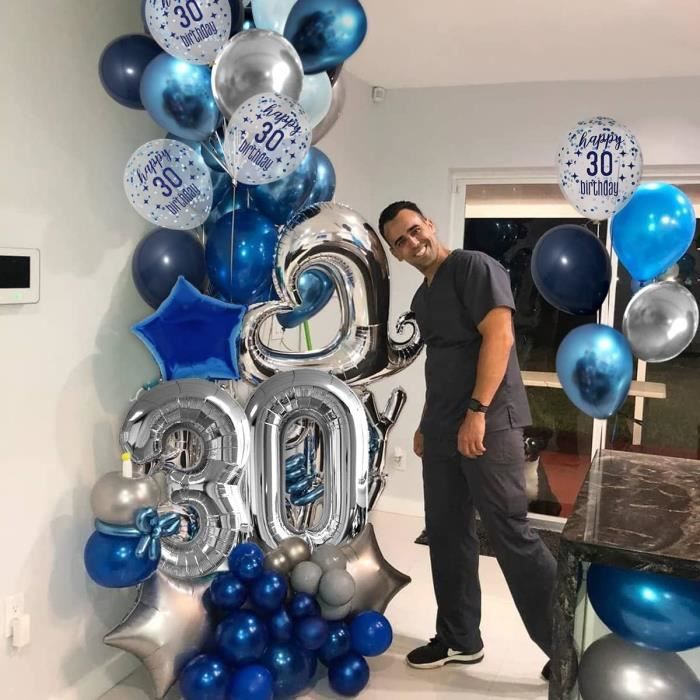 Decoration Anniversaire 30 Ans Homme, 30E Ballon Anniversaire Bleu Argent, Joyeux Anniversaire