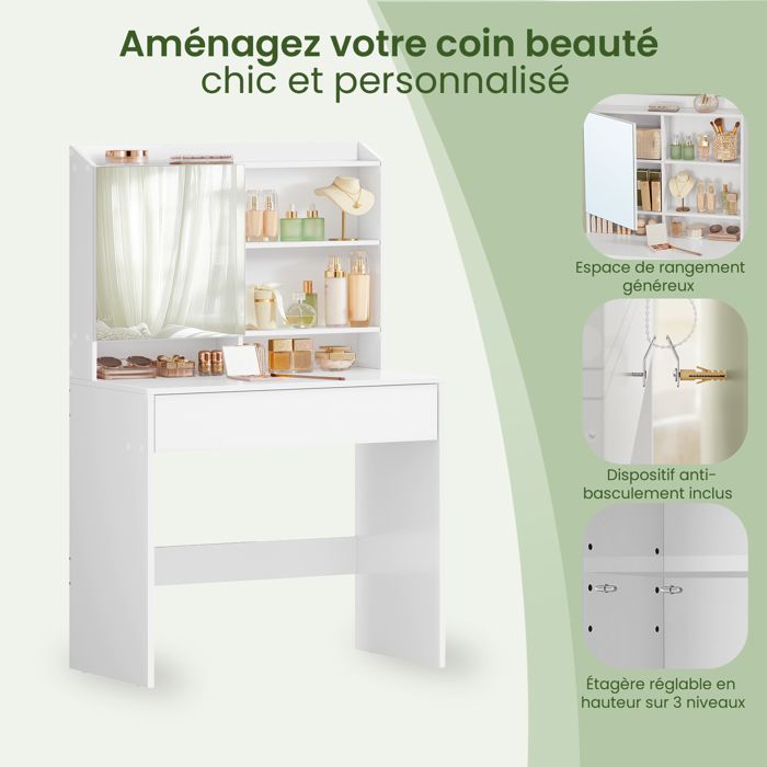 SONGMICS Coiffeuse Table Blanche de Maquillage avec Miroir, 5 tiroirs