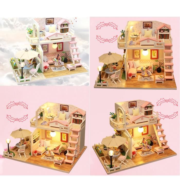 ShenMo Kit de maison de poupée miniature à faire soi-même, kit de petite  maison avec meubles et anti-poussière, kit de maison miniature à l'échelle  1:24 Bungalow au bord de la plage, excellent