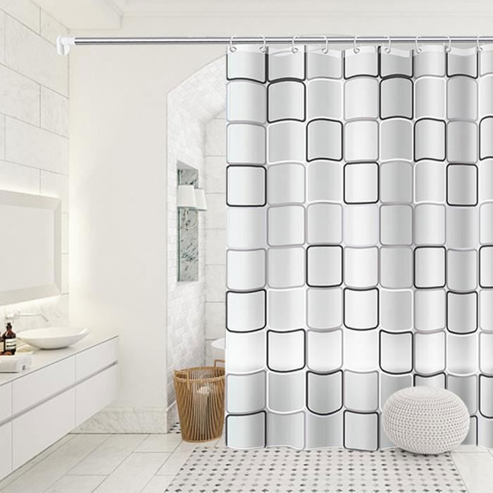 Rideau de Douche-180x200cm-Grand motif carré-Imperméable-Résistant à la  Moisissure-lavable-avec 12 Crochets - Cdiscount Maison