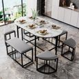 Ensemble table à manger - 1 plateau aspect marbre 6 tabourets - structure en acier stable - moderne blanc et noir-0