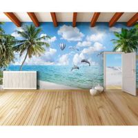 Papier Peint Panoramique Vue Sur La Mer Plage Cocotiers Dauphins Papier Peint 3D Intissé Decoration Murale Chambre Salon 300*210cm
