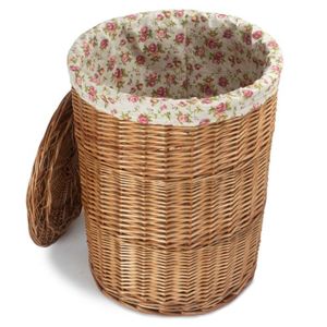 Panier à Linge En Osier Tressé Clair Et Tissu Gris H56cm | Paniers