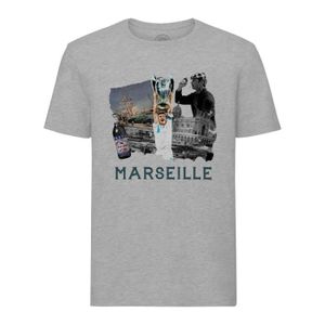 T-SHIRT T-shirt Homme Col Rond Gris Marseille Collage France Ville Pastis OM