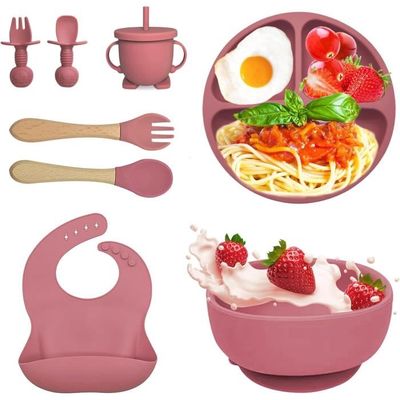 Set Vaisselle Bébé Silicone 8 Pièces Avec Ventouse – Assiette, Bol, Tasse, Cuillères, Sangles – Sans BPA, Beige