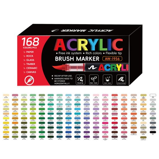 Feutres Acryliques Faizer 168 Couleurs - Pointe Pinceau 0.7mm - Pour Coloriage Adulte, Bois, Verre, Céramique