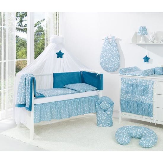Solenzo Parure de lit b b bleu velours 60x120 cm Tour de lit
