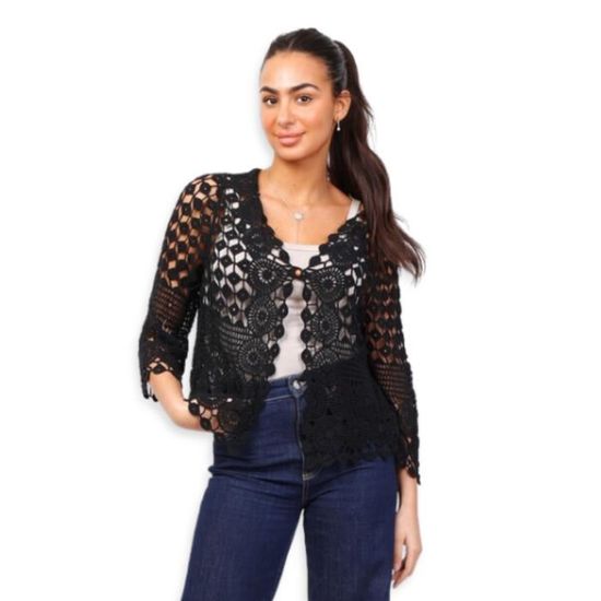 Gilet femme manches 3 4 Dentelle en coton Couleur Noir Noir Cdiscount Pret a Porter
