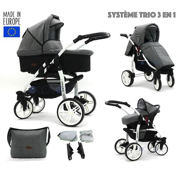 Noir-Gris LEGRO Trio Poussette - Landau 3en1 Combinée avec siège auto, ROUES PIVOTANTES - W2
