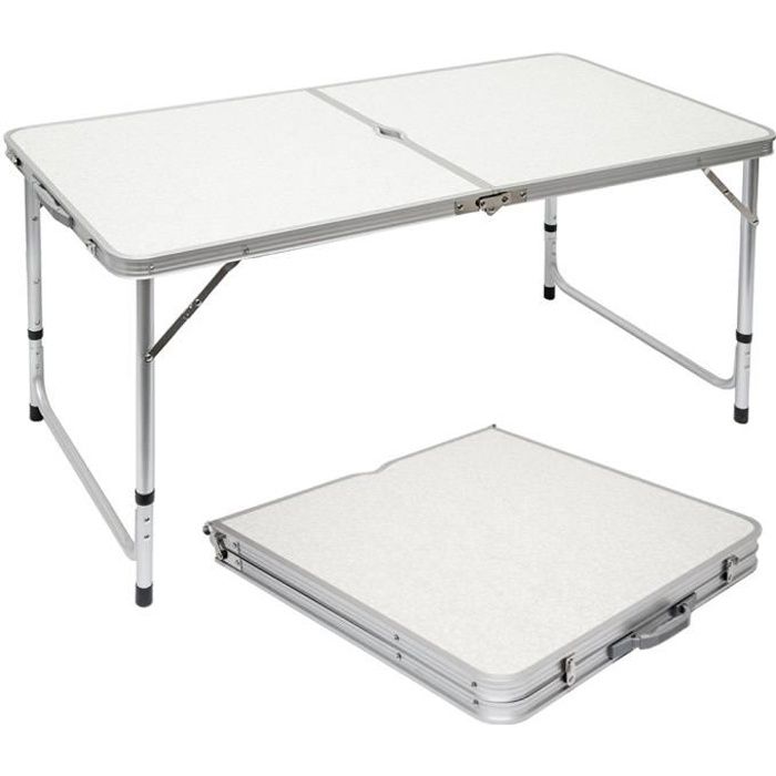 Table de camping 120x60cm en Aluminium Gris clair Hauteur réglable Format mallette