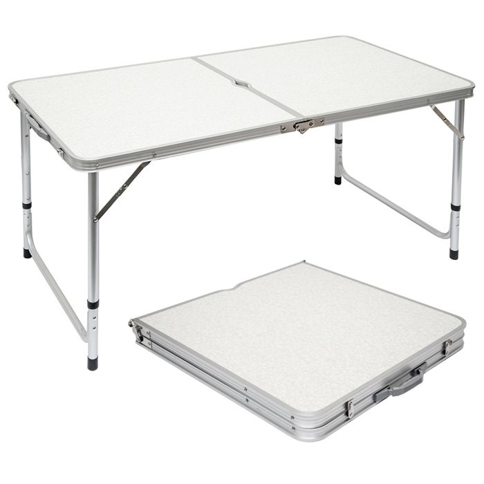 Table de camping 120x60cm en Aluminium Gris clair Hauteur réglable Format mallette