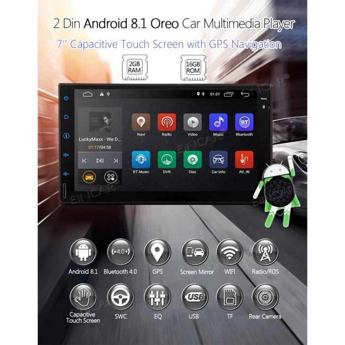 EINCAR Android 8.1 Radio Stéréo 2 GPS GPS Bluetooth 4.0 WiFi 4G USB SD RDS Miroir Lien OBD2 2GB RAM avec Caméra Arrière