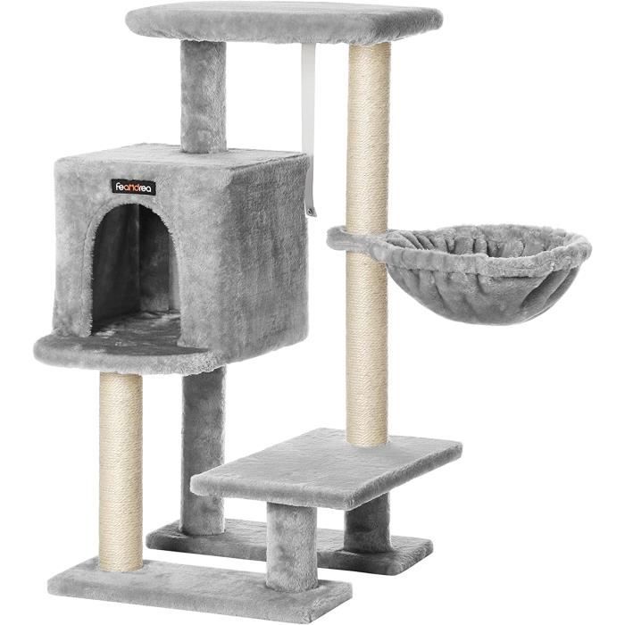 Arbre à chat, Hauteur de 84 cm, niche, 2 griffoirs, plate-forme, Tour poteaux à gratter, Gris clair, PCT142W01 FEANDREA