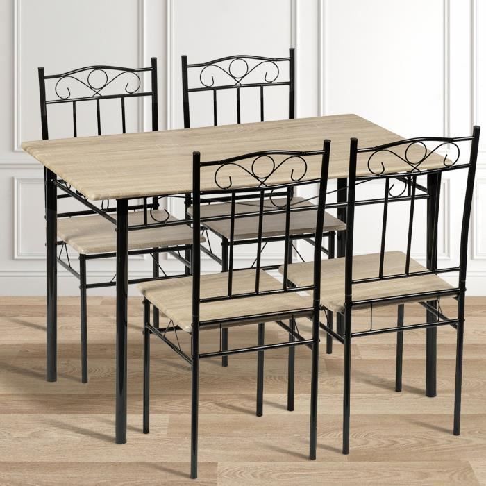 Ensemble table et 4 chaises, table et chaise à manger en bois de hêtre, pieds en métal noir