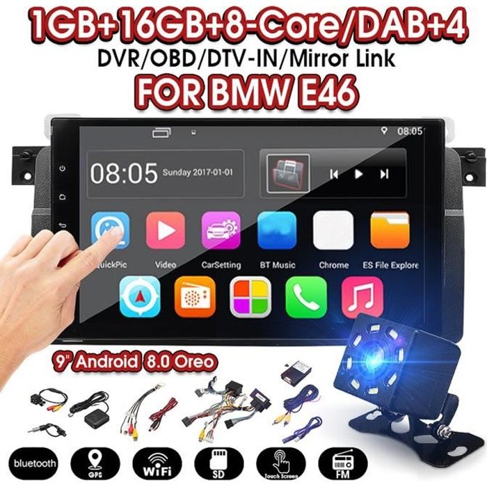T4W Autoradio Android 8.0 Stéréo GPS Radio Sat Nav OBD DAB WiFi + Caméra Pour BMW E46