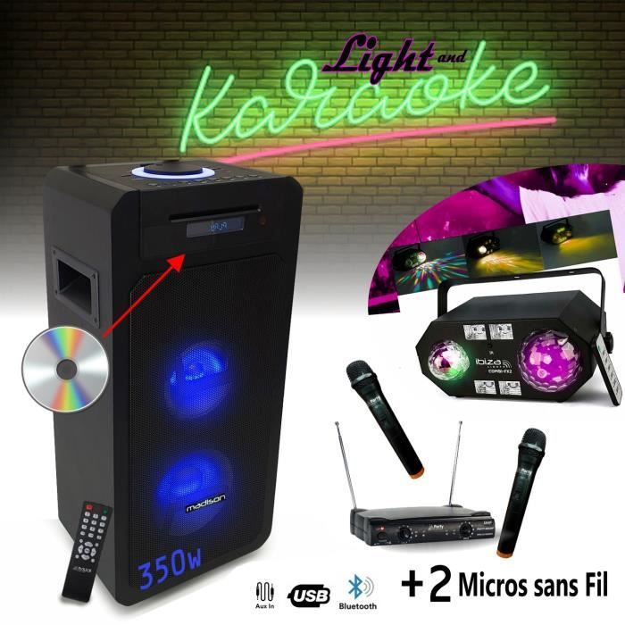 Enceinte Bluetooth USB Lecteur CD Karaoke HIGHPOWER 350W LED - Système 2 micros sans fil - 1 Jeu de Lumière \