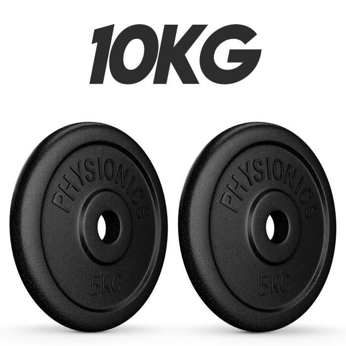 Physionics® Set de Disques de Poids - 2x5 kg, en Fonte, Ø30mm, pour Barre Longue/Courte - Ensemble de Plaques de Poids, Musculation