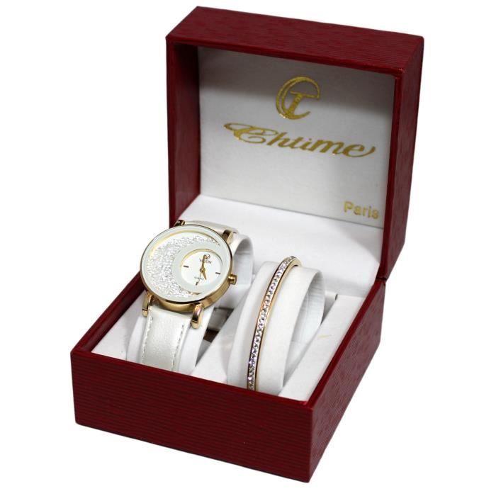 coffret montre femme cuir blanc strass cristal + bracelet double tour stardust dolce vita