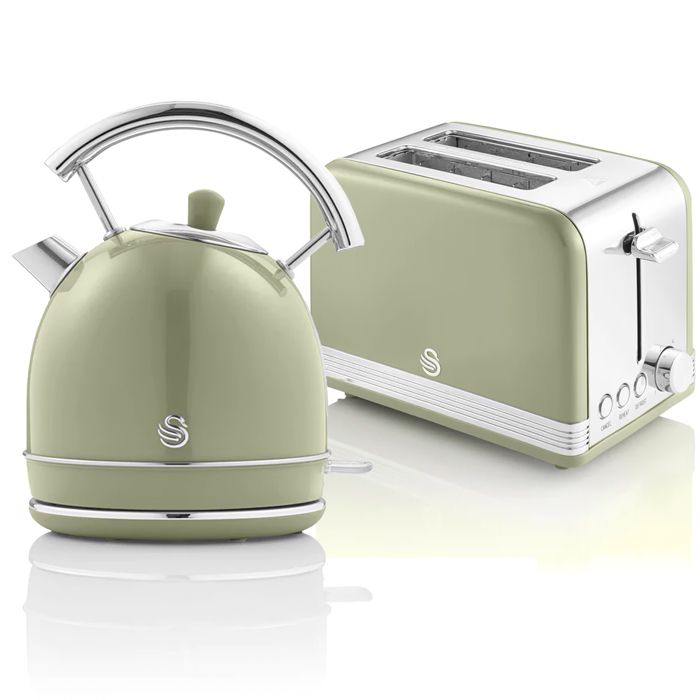 Retro Set Petit-Déjeuner Bouilloire 1,8L Sans fil, Grille-Pain 2 Larges Tranches SWAN STP7050GNEU Vert 57966
