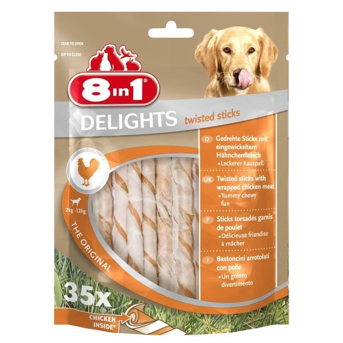 8IN1 Friandise stick à mâcher - En peau de bœuf garni de viande de poulet - Pour chien - 35 pièces
