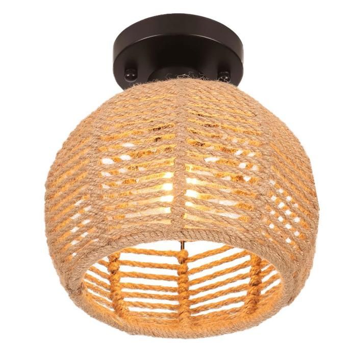 WOTTES Plafonnier Vintage Industrielle E27 Lampe de Plafond Rétro Ø20cm Abat-jour Cage en Corde de Chanvre pour Cuisine Noir
