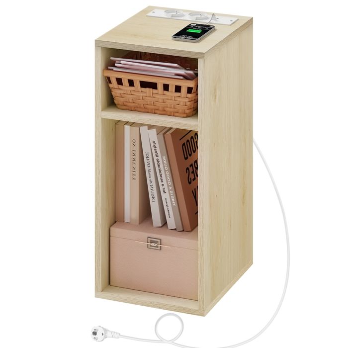 WOLTU Table de Chevet Table d’appoint avec Station de Charge Bout de Canapé 2Ports USB+2Prises 25x30x60cm Grain Bois Clair