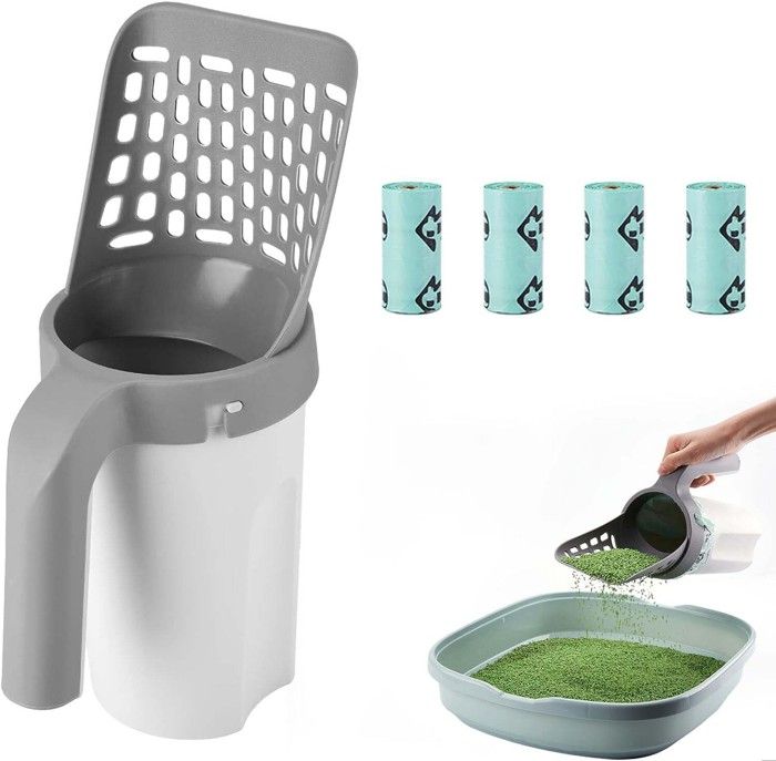 Comparer les prix de Pelle a Litière Chat avec 4 Rouleaux de Sacs Poubelle, Pelle a Crotte avec Stockage des Déchets -Gris