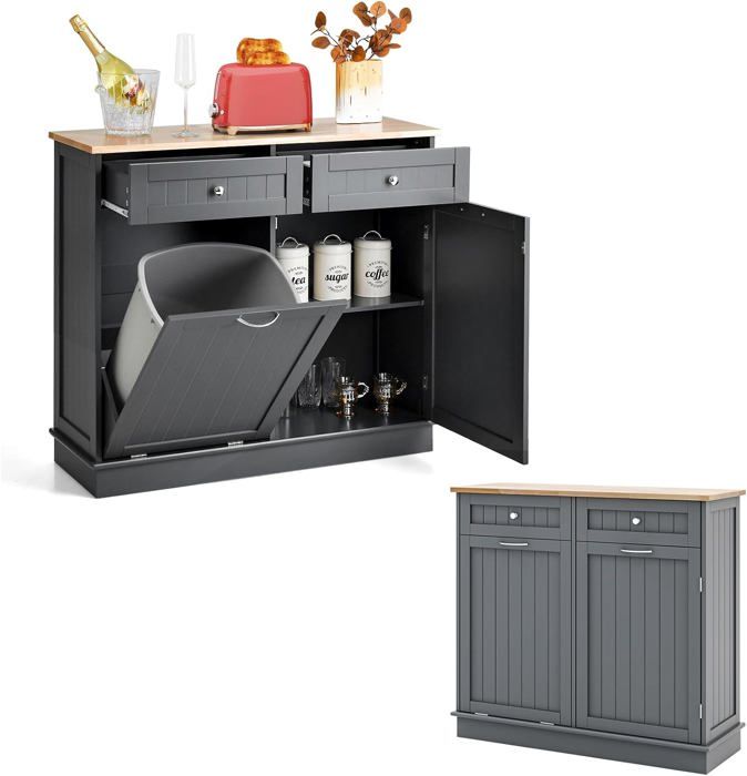 GIANTEX Buffet de Cuisine-2 Tiroirs+ 2 Placards-1 Placard pour Poubelle 44L(Non Inclus)-1 Placard à 2 Etages-Étagère Réglable-Gris