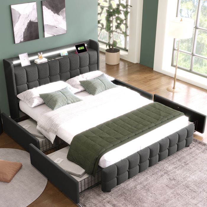 Lit Double Lit Rembourré avec Fonction de Chargement USB Éclairage LED et 4 Tiroirs Stockage Lit 160x200cm Gris (Sans Matelas)