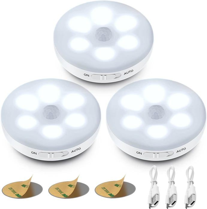 Veilleuse LED Automatique Lampe Detecteur de Mouvement Interieur Lumiere Autocollante USB Pile Rechargeable LED Sans Fil (Blanc)