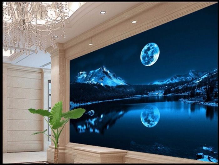 Papier Peint Panoramique 3D romantique lune lac ciel de nuit fond ...