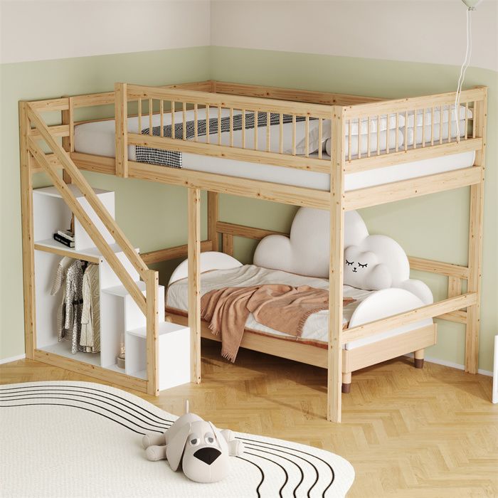 DRIPEX Lit superposé en bois massif 140×200cm lit mezzanine avec escalier devant armoire de rangement couleur bois