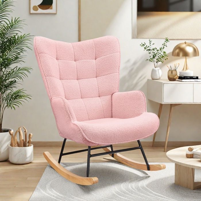 Fauteuil à Bascule Chaise à Bascule Rocking Chair Revêtement Tissu Rose Style Scandinave Pour Salon Chambre Balcon 75x68x92cm