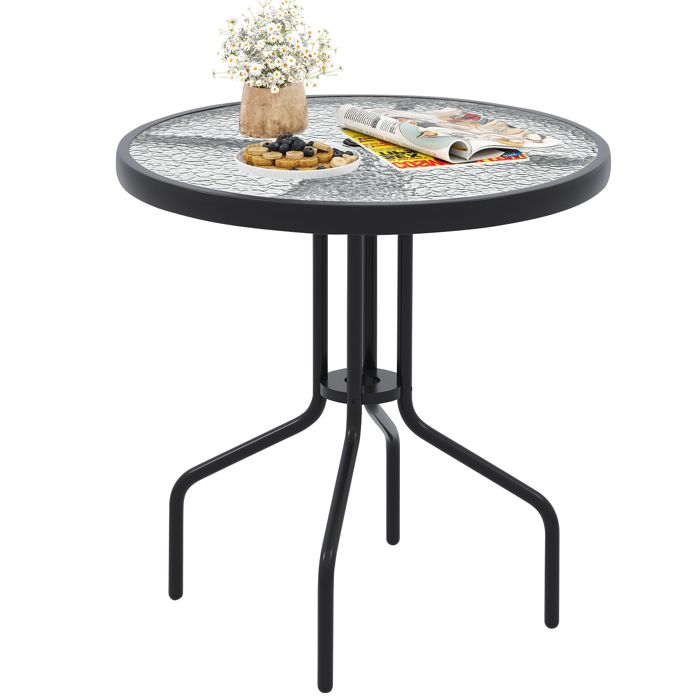 Table de Jardin Ronde 70 CM COSTWAY Plateau en Verre Trempé Ondulé Trou de Parasol Cadre en Métal pour Terrasse Véranda Cour