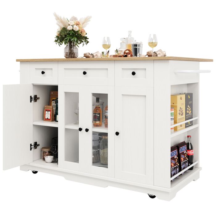 Desserte Bîlot de Cuisine à Roulettes Plateau Pliable avec Grand Placard3 TiroirsPorte-Serviettes-151.5 x 60 x 91.7 cmblanc