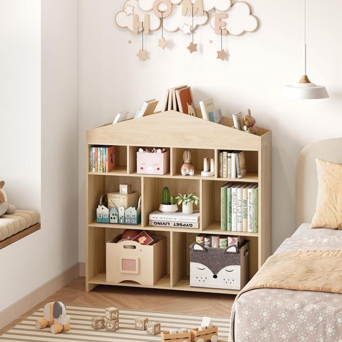Bibliothèque Enfant en Bois Meuble de Rangement à Jouets/Livres 100x30x100CM 9 Compartiments bois clair