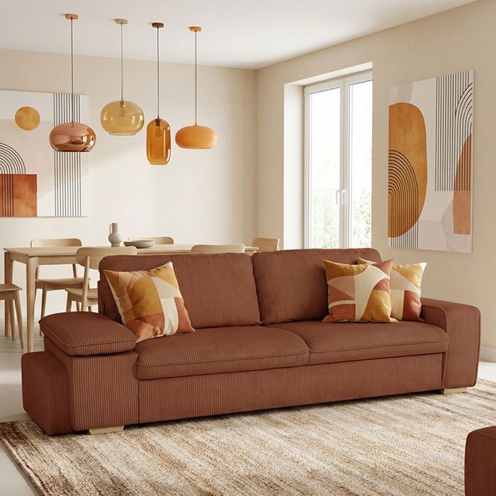 ALYA Canapé droit reversible convertible TERRACOTTA (velours côtelé ) - Taille S - 3 places - 254 x 91 x 83